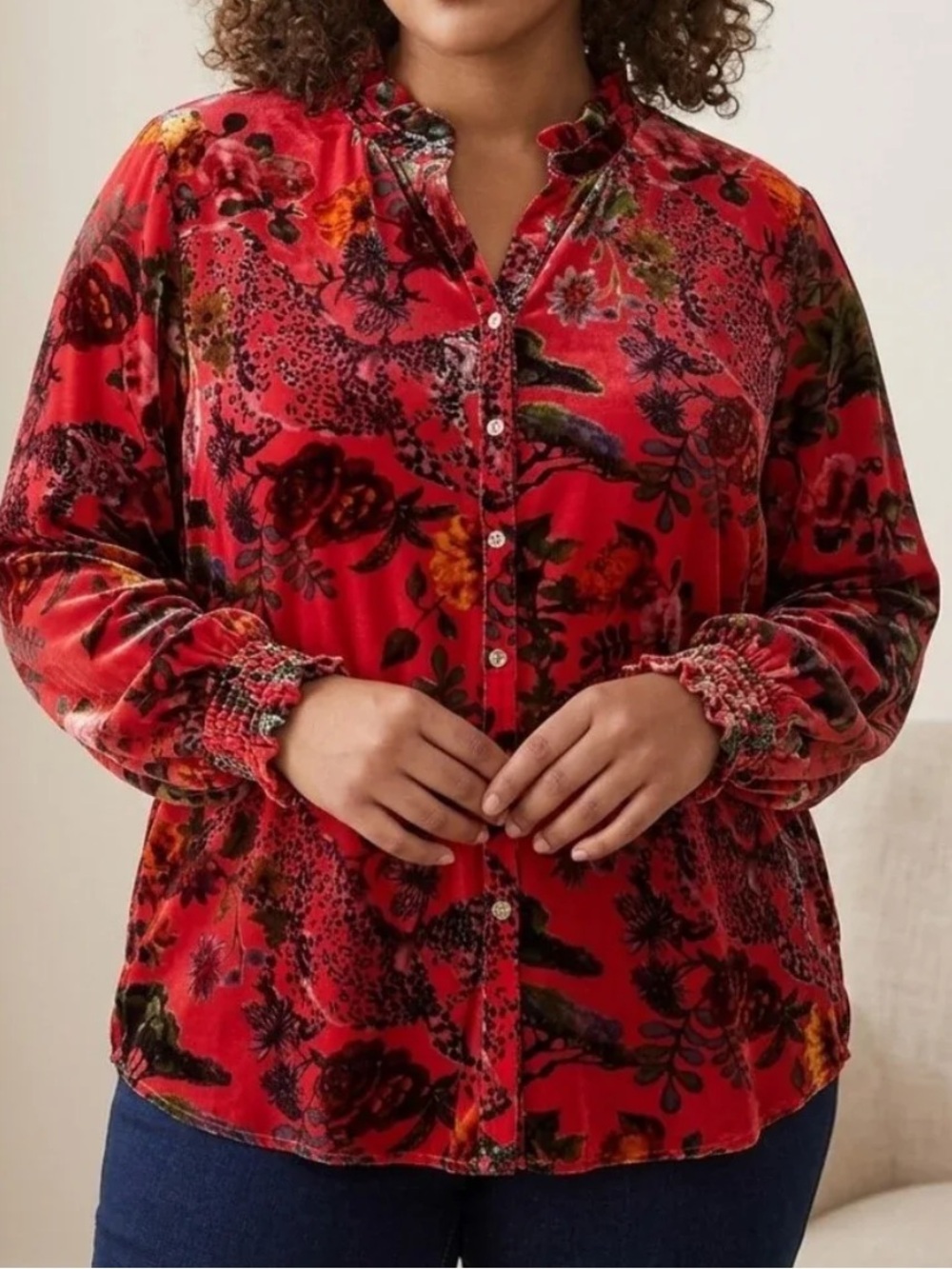 JOHN MARK Red Animal Print Button Front Velvet Burnout Top Size 1X, NWT